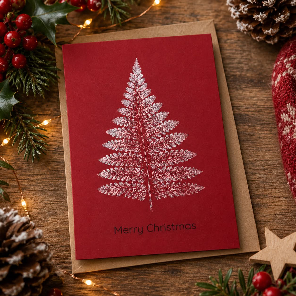 Hand Printed Silver Christmas Tree Card (Single Tree)