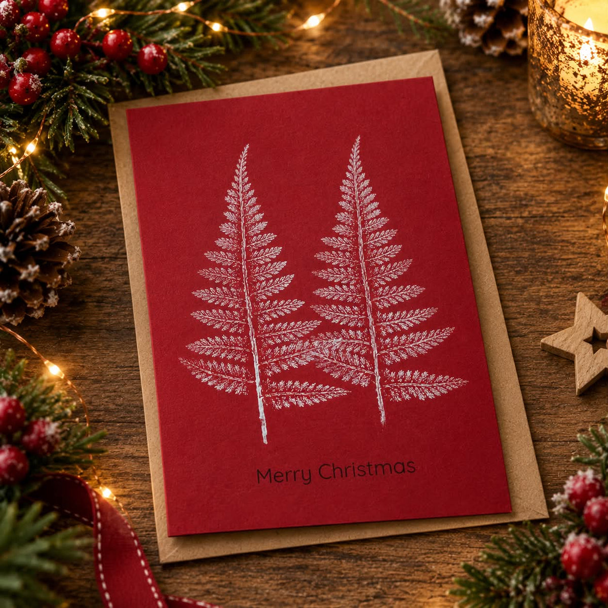 Hand Printed Silver Christmas Tree Card (Double Tree)