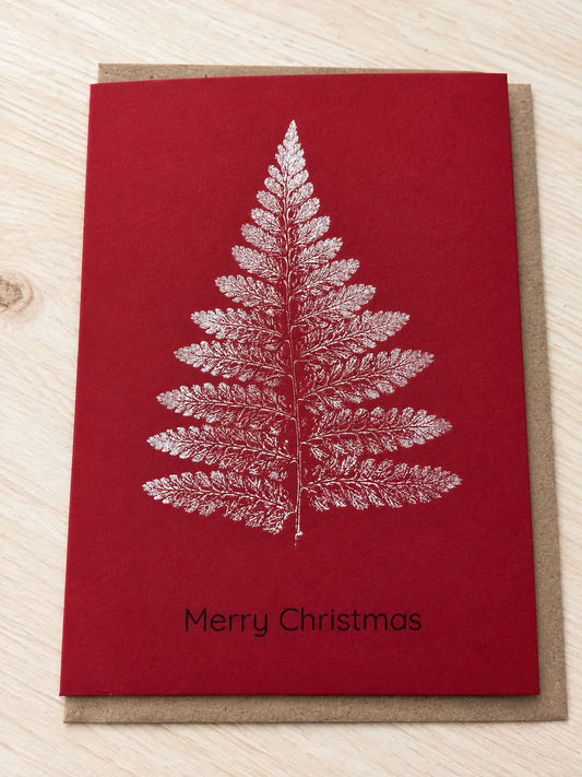 Hand Printed Silver Christmas Tree Card (Single Tree)