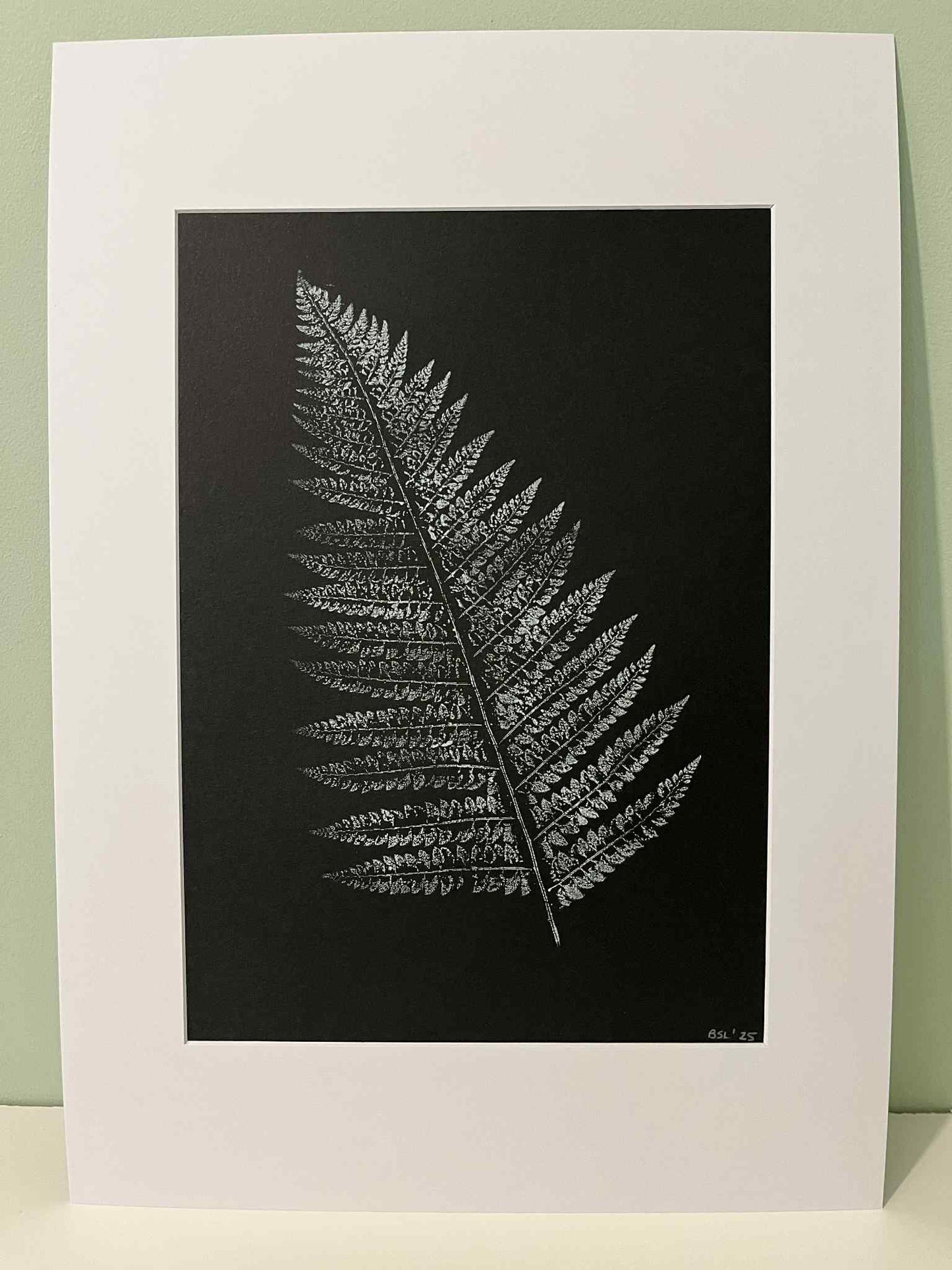 Single Fern Leaf Original Print - White on Black (Large)