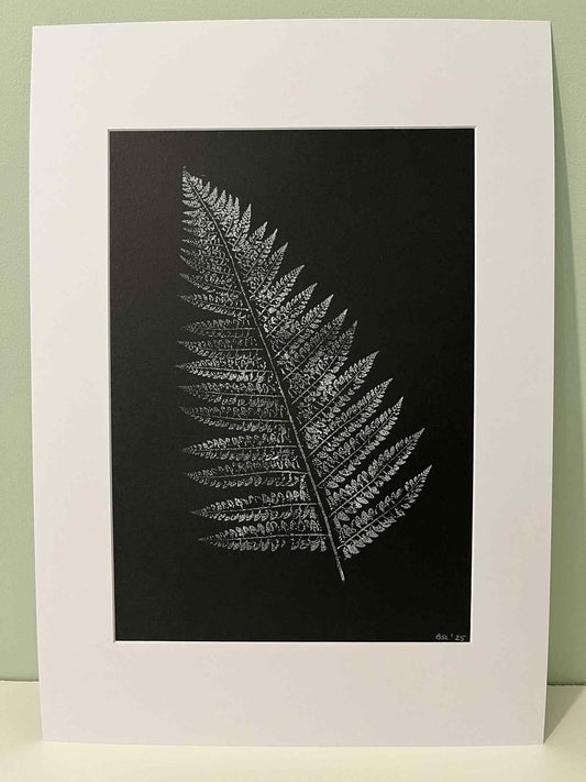 Single Fern Leaf Original Print - White on Black (Large)