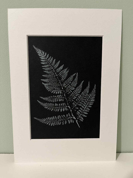 Single Fern Leaf Original Print - White on Black (Small)